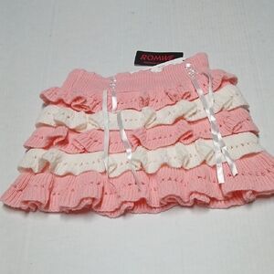 Kawaii Pink & White Knit Tiered Mini Skirt w/ Ribbons Size L Cake Layer Ruffles